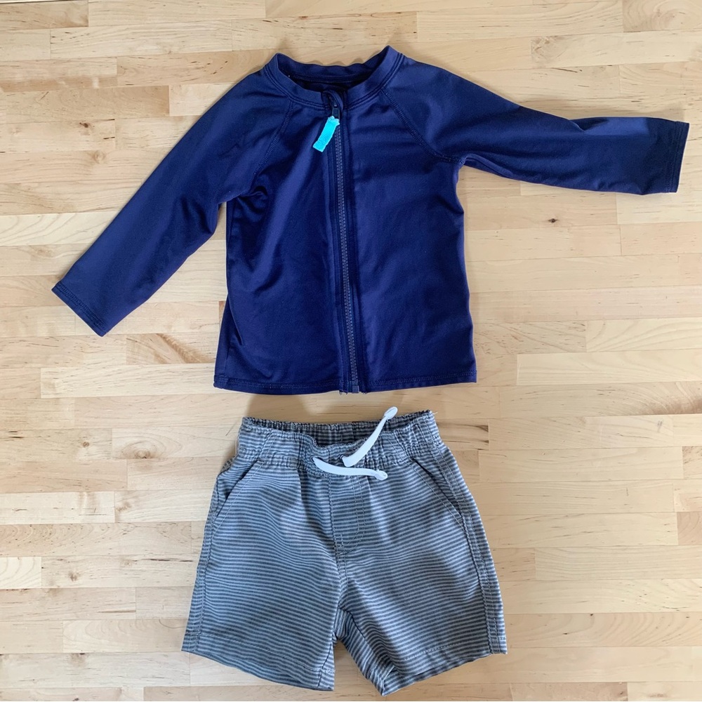 Swim Summer Outfit - 18 M - UV Long Sleeve Zip and Quick Dry Striped Grey Short